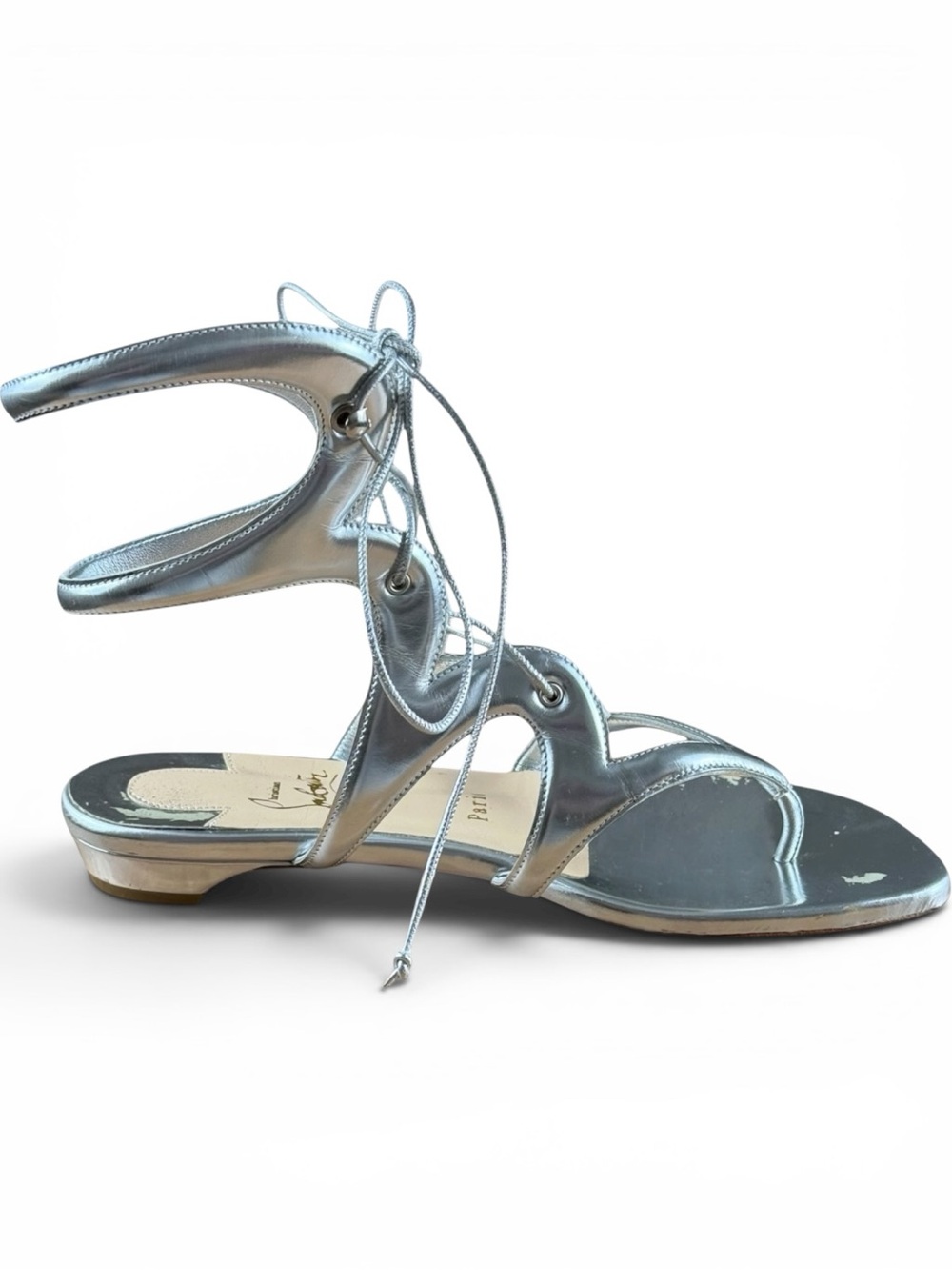 Christian Louboutin Silver Metallic Lace-Up Flat Sandals – Size 37 - Picture 7 of 11